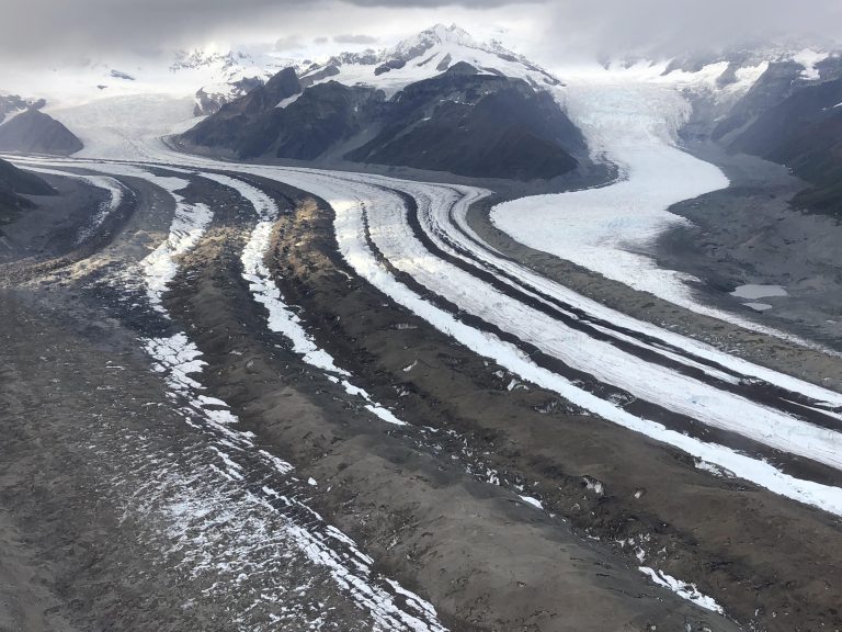 Image of the Wrangell St Elias glacier in Alaska marked by global warming