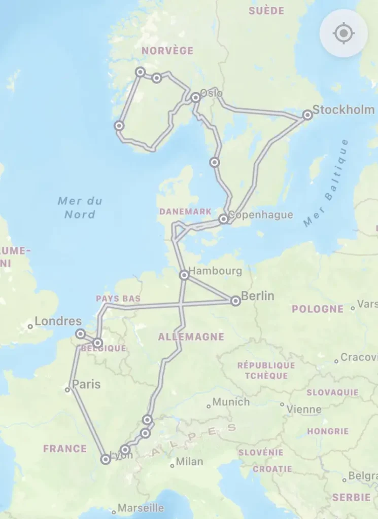 Carte d'un itinéraire Interrail de 3 semaines en Scandinavie sans avion
