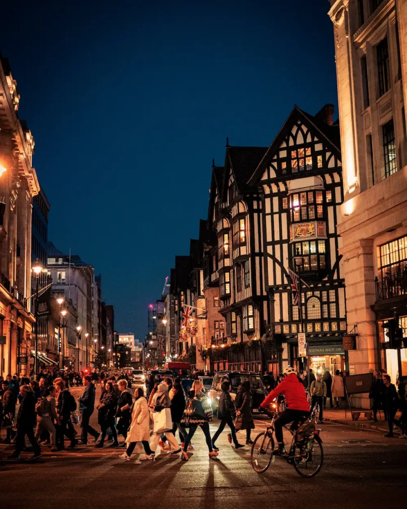 Pedestrian street with walkers and cyclists in London
