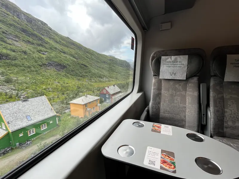 Interior of a VY train between Oslo and Bergen on a Scandinavian journey with no plane