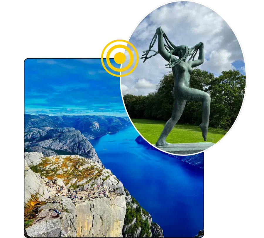 NORVEGE - Voyage en train Norvège - Compo Voyage en train Norvège - visuels parc Vigeland statue et vue fjords